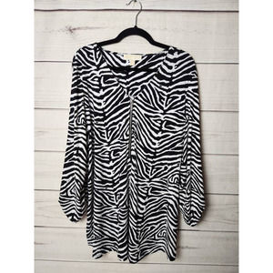 MICHAEL KORS Black and White Zebra-Print V-Neck Blouse 2X